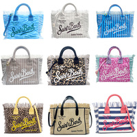 Sac fourre-tout en toile à franges pour femme, sac à bandoulière d'été pour la plage, sac à main à logo brodé, imprimé léopard rayé