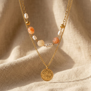 Collier multicouche plaqué or avec perles et pendentif pièce en imitation pierre naturelle, bijoux de mode unisexe bohème géométrique - Product Image 3