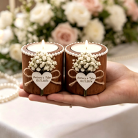 Bougie parfumée en cire de soja avec fleurs séchées et étiquette personnalisée en forme de cœur pour mariage, fête prénuptiale ou anniversaire