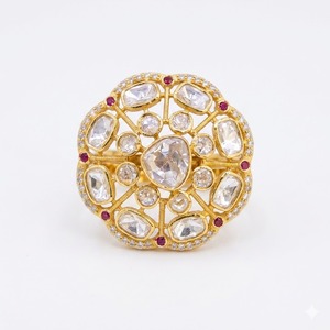 925 Silver Polki Kundan <b>Cocktail</b> <b>Ring</b> <b>Gold</b> Adjustable Statement Jewelry for Design Pave Setting Women's Party Jewelry - Product Image 1