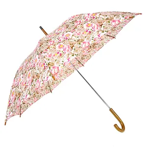 奥维达自动防风雨伞木制手柄全印花花朵个性化直筒定制雨伞