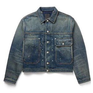 Nueva Chaqueta de Mezclilla Desgastada con Efecto Deslavado, 100% Algodón, Tejido de Punto, Chaqueta de Mezclilla Cruda, Cierre de un Solo Botón, Chaquetas de Mezclilla para Hombre - Product Image 1