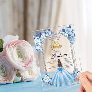 Quinceaneraの招待状ベビーブルードレスアクリルガラスの招待状、Mis Quince、Sweet 15、Sweet 16、フローラルデザイン - Product Image 5