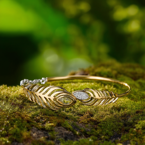 Crystal <b>Feather</b> Bangle PVD Gold Plated 316L Stainless Steel Sustainable Resistant Bracelet - Product Image 3