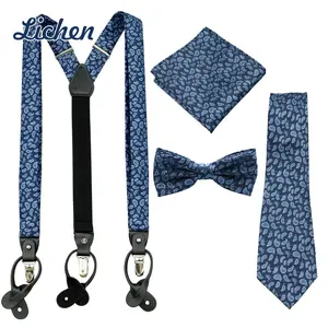 Set di fazzoletti con bretelle regolabili in tinta unita blu per uomo regalo di cravatta in poliestere