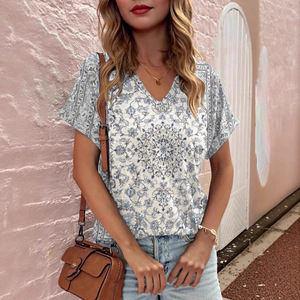 Nouveau T-shirt tendance pour femme, style bohème, imprimé numérique, manches courtes, col en V, polyester, coupe ample, <span class=keywords><strong>TEUM</strong></span> pour - Product Image 3