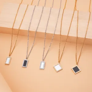 Factory Lancui Wholesale Stainless Steel Sea Shell Crystal Square Rectangle Pendant Necklace