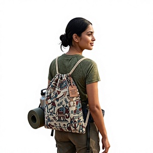 Eco-Friendly Woven Jacquard Drawstring <b>Backpack</b> Reusable Lightweight Cinch Sack Bag - Product Image 1