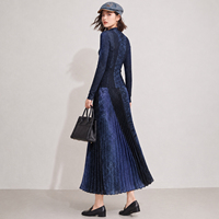 Ensemble deux pièces plissé pour femme, imprimé ciel étoilé, haut à col montant et manches longues & jupe longue, style Miyake élégant, vente en gros