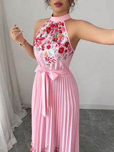 <span class=keywords><strong>Abito</strong></span> <span class=keywords><strong>lungo</strong></span> da donna elegante con stampa floreale, scollo all'americana e vita annodata, plissettato, con ampia gonna a ruota, stile europeo e americano, collezione 2026 - Product Image 3