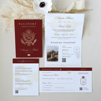 Cartes d'invitation de mariage de luxe bordeaux pour voyage à l'étranger, style passeport et carte d'embarquement de destination, avec nœud en ruban