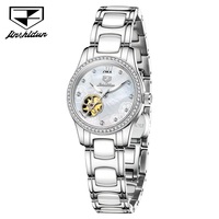 JINSHIDUN 8864 Montre mécanique automatique élégante pour femme, avec logo personnalisé OEM, squelette diamanté, lumineuse et étanche