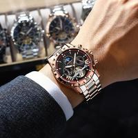 Poedagar 1410 Montre Homme de Luxe Étanche Lumineuse en Acier Inoxydable Mécanique Automatique à Tourbillon Squelette