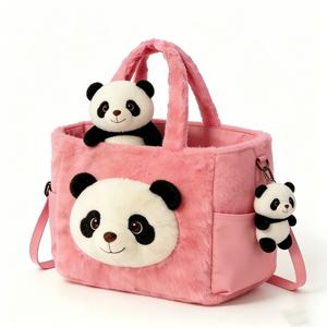 Customized Soft fuzzy panda cartoon handbag for girls, Fluffy <b>plush</b> panda <b>large</b> capacity shopping tote - Product Image 2