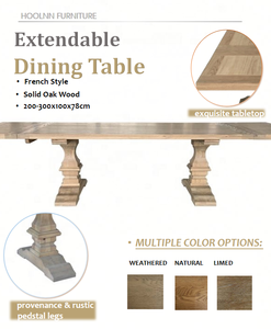Bộ bàn ăn gỗ sồi nguyên khối kiểu nông trại Pháp cổ điển sang trọng HL704-300, hình chữ nhật, có thể kéo dài, 8 chỗ ngồi - Product Image 2