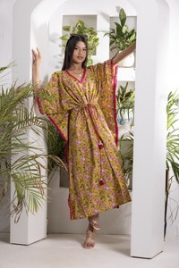 Rose Print Mustard <b>Kaftan</b> For <b>Women</b> With V Neck Ruffled Edges And Flowing Silhouette For Stylish Comfortable Casual Fashion Wear - Product Image 2