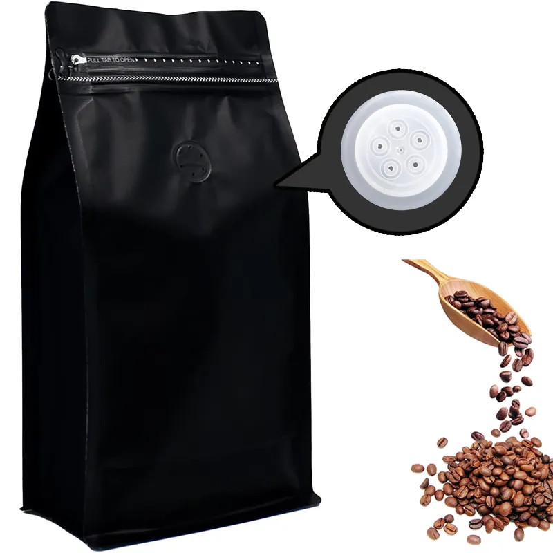 أكياس قهوة من الألومنيوم سوداء مخصصة مع صمام (8 12 16 أونصة)