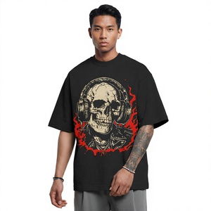 เสื้อยืดโอเวอร์ไซส์สีดำลายหัวกะโหลกพร้อมหูฟัง สไตล์สตรีท แขนสั้น คอกลม ผ้าเจอร์ซีย์คอตตอน สำหรับผู้ชาย - Product Image 1