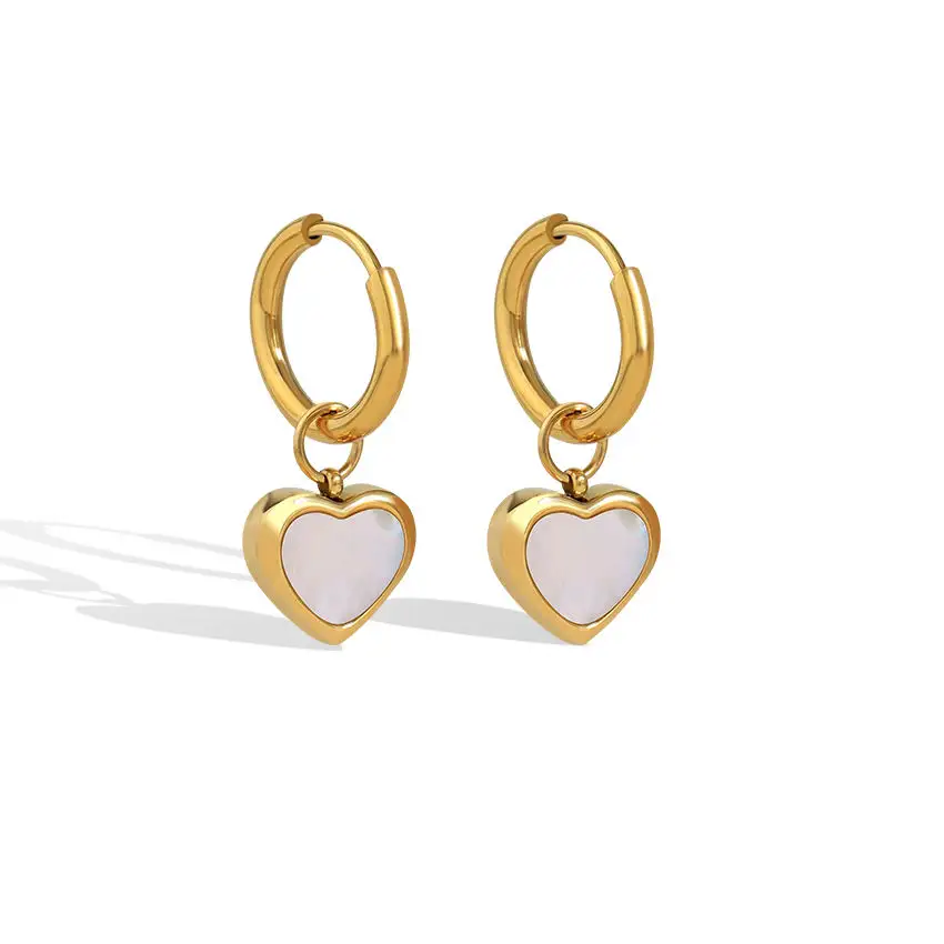 High Quality Titanium Stainless Steel Luxury Gold White Pearl Shell Heart Shaped Hoop Earrings Heart Huggie Hoop Earrings
