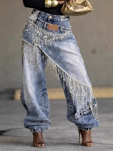 <span class=keywords><strong>Jean</strong></span> ample rétro délavé de haute qualité avec pampilles en cristal et double couche, <span class=keywords><strong>style</strong></span> streetwear pour <span class=keywords><strong>femme</strong></span> - Product Image 2