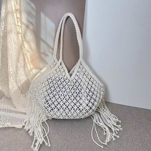 Sac fourre-tout en tissu de coton tissé style bohème rétro pour femme, grande capacité, tendance, décontracté, avec pompons <span class=keywords><strong>et</strong></span> découpes, idéal pour l'été - Product Image 2