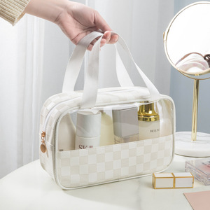 Sac cosmétique transparent en PVC à carreaux, grande capacité, fermeture éclair, trousse de toilette de voyage, organisateur de maquillage, pochette de rangement - Product Image 3
