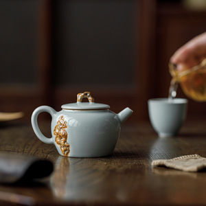 Guanlan Sky Blue Ru Kiln Relief Teapot Porcelain Round With Lid Kung Fu <b>Tea</b> <b>Set</b> - Product Image 1
