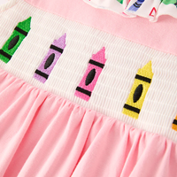 En stock, robe en coton rose pour bébé, enfant, petite fille, été, retour à l'école, décontractée, imprimée, smockée, broderie de crayons