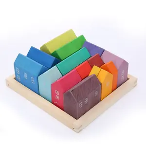 木製レインボーハウスブロックトライアングルファクトリーピラミッド手作りクリエイティブマッチング子供の教育玩具