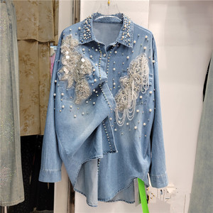 Kemeja <span class=keywords><strong>Denim</strong></span> bunga blus kerah panjang Setengah ramping longgar wanita kemeja bermanik-manik tunggal musim semi musim panas wanita