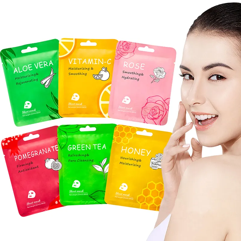 Masque Facial coréen à Logo personnalisé, soins de la peau aux fruits, collagène hydratant, blanchissant, vitamine C, thé vert, grenade, feuille de masque Facial