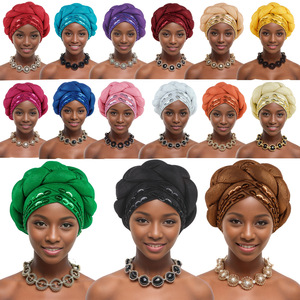 Go Party Chapeaux Africains 15 Couleurs Style Ethnique Cousus Main Perles Tresses Turbans Couleur Unie Bonnets Bandanas Coiffes - Product Image 2