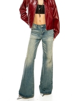 ODM OEM botte droite en denim à taille haute et à imprimé vintage botte de singe élastique personnalisée Wah moustache brodée bouton de rivet sexy