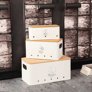 Ensemble de 3 boîtes de conservation de cuisine classiques noires avec couvercle métallique à trous d'aération pour la conservation de la fraîcheur des pommes de terre, des oignons et de l'ail - Product Image 3