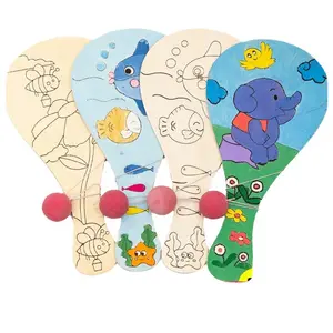 Raqueta de madera en blanco de estilo aleatorio con bola DIY juguete artesanal dibujo de dibujos animados graffiti jardín de infantes niños juguetes hechos a mano