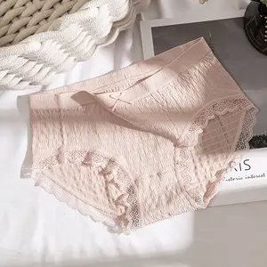 Custom Girl&#39;s Seamless Briefs Traceless Lace Breathable Cotton Mid-waist Ladies Panties for Women Adults Knitted Plain Dyed