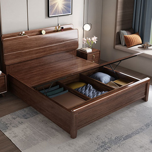 Solid Wood <b>Bed</b> With Storage Walnut 1.8m <b>Double</b> <b>Bed</b> Modern Minimalist Bedroom Furniture - Product Image 2