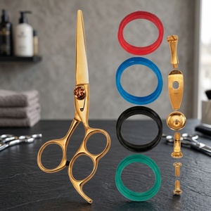 Ciseaux de barbier professionnels en acier inoxydable de 5 pouces pour droitiers avec vis réglable et inserts de bagues de doigt en quatre couleurs - Product Image 5