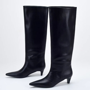 Suede Upper Long Booties Wide Fit Low Heels on Shoes Women's Pointed Toe Solid <b>Knee</b> <b>High</b> Boots - Product Image 2
