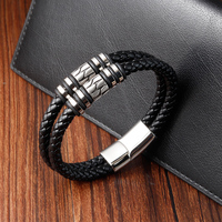Bracelet en cuir noir réglable à double couche avec fermoir magnétique, bijoux personnalisés tendance