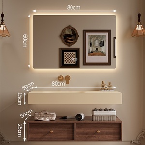 Mueble de baño color nogal con espejo inteligente y tira de luces LED, lavabo blanco y cuerpo de gabinete colgante. - Product Image 1