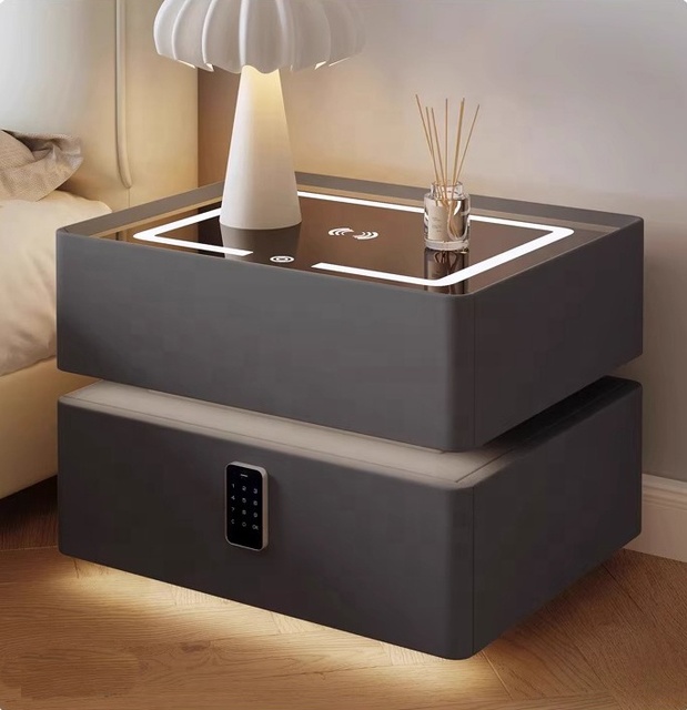 Modern Wooden Floating Night Stand with LED Charger Safe Bedroom Furniture with Stylish Bedside Table Design