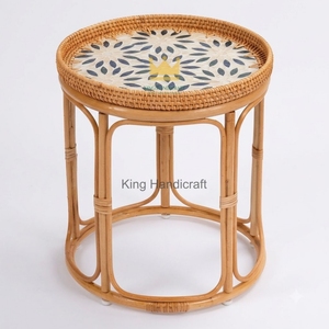 Modern Minimalist <b>Round</b> Rattan End <b>Table</b> Mother of Pearl Inlay Boho <b>Bedside</b> Nightstand Coffee <b>Table</b> Furniture - Product Image 5