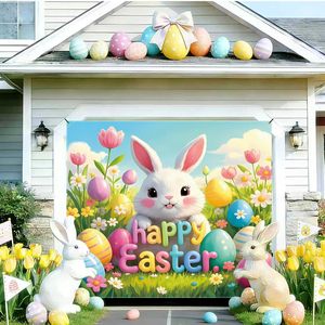 Bannière de porte de garage de Pâques, motif lapins bruns mignons, panier et œufs colorés floraux, housse de porte de garage personnalisable, décoration extérieure pour fête - Product Image 5