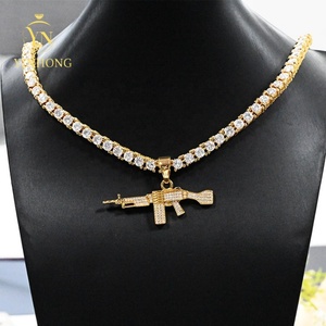 Usa Stock Hip-Hop-Charme Iced Out <span class=keywords><strong>Ak</strong></span>-<span class=keywords><strong>47</strong></span> Hip Hop Punk Schmuck Seil Kette Zirkon Iced Out Gun Moissan ite Anhänger Halskette für Männer - Product Image 5