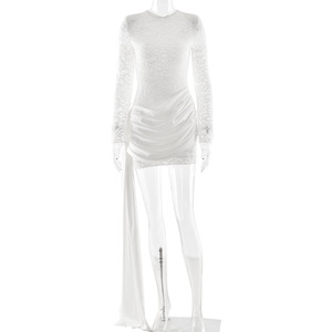 Robe Courte Femme en Dentelle à Manches Longues - Dos Découpé avec Traîne Drapée pour Soirée - Vêtements et Robes Tendance pour Femme - Product Image 5