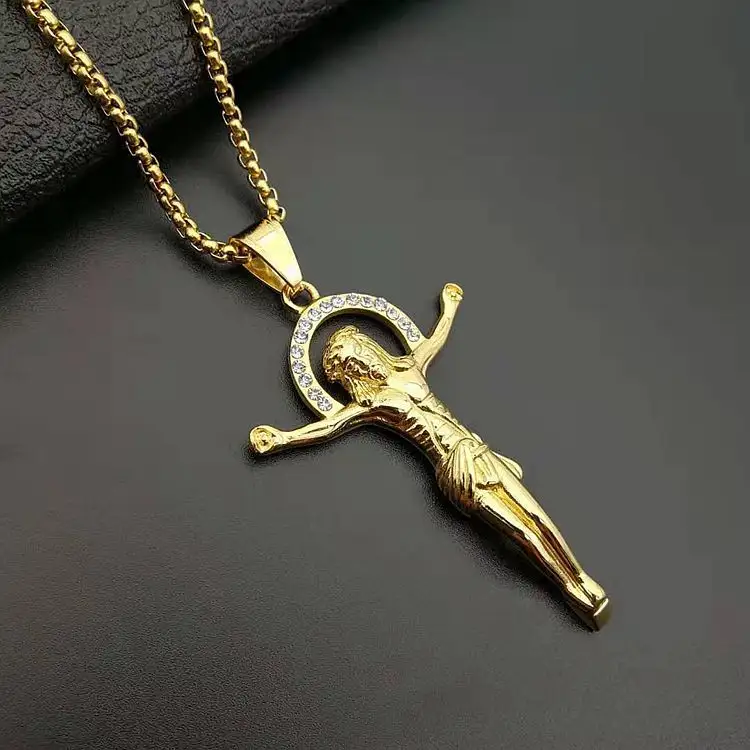 Hot selling crystal 18K gold plated Jesus pendant stainless steel cross religious necklace for women men