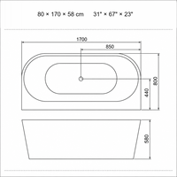 Bañera Rectangular Independiente Blanca Cónica con Desagüe Central para Contratistas en Renovación de Baños 170cm