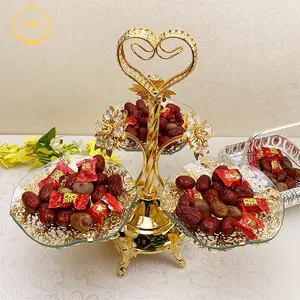 Dibei Home Wedding Decoration Square Candy Snack Storage Glass Plate Metal Golden Dry Fruit Tray