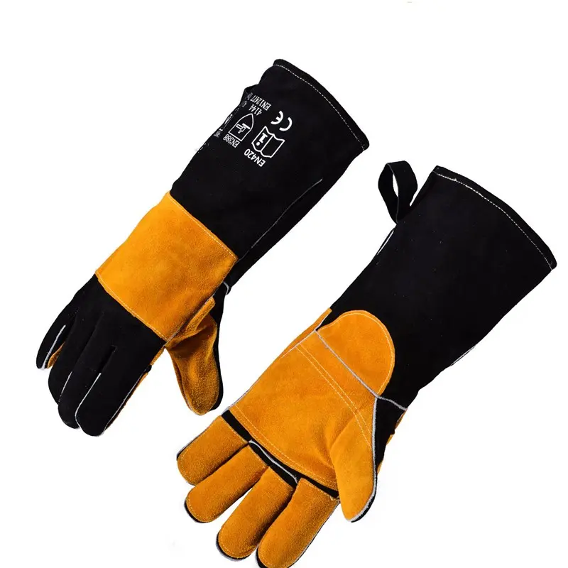 Black Cow Split Leather Welding Gloves Double Palm and Fingers Heat Resistant Kevlar Stitching Safety Working Gloves